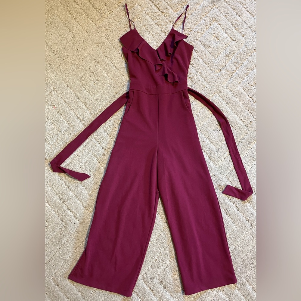 Emerald Sundae Deep burgundy/merlot Ruffled Jumpsuit medium